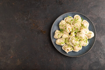 Dumplings with pepper, herbs, microgreen on black concrete. Top view, copy space.