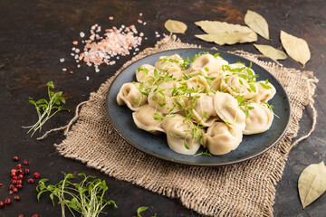 Dumplings with pepper, herbs, microgreen on black concrete. Side view, close up.