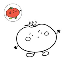 Children's coloring page with a cute tomato character. Linear vector drawing in black on white isolate.