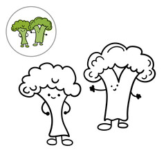 Childrens coloring page with cute broccoli characters. Vector illustration line black on white isolate.