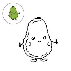 Children's coloring page with cute avocado character. Vector illustration template hand drawn.