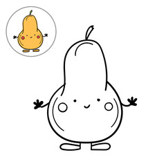 Children's coloring page with a cheerful pear character. Vector illustration template hand drawn.