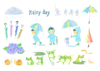 梅雨の雨の日の手描き風イラストセット
