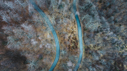 Aerial high angle view of narrow winding curvy mountain road among the trees in winter forest. Bird's eye view landscape.