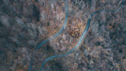 Aerial high angle view of narrow winding curvy mountain road among the trees in winter forest. Bird's eye view landscape.