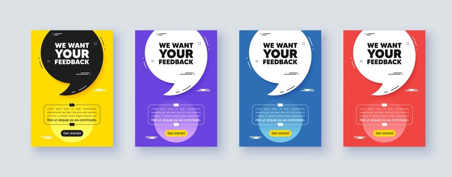 Poster frame with quote, comma. We want your feedback tag. Survey or customer opinion sign. Client comment. Quotation offer bubble. Your feedback message. Vector