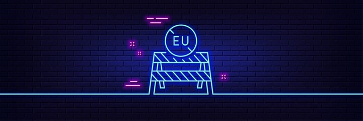 Obraz premium Neon light glow effect. EU close borders line icon. Coronavirus Covid-19 pandemic sign. Travel restrictions symbol. 3d line neon glow icon. Brick wall banner. EU close borders outline. Vector