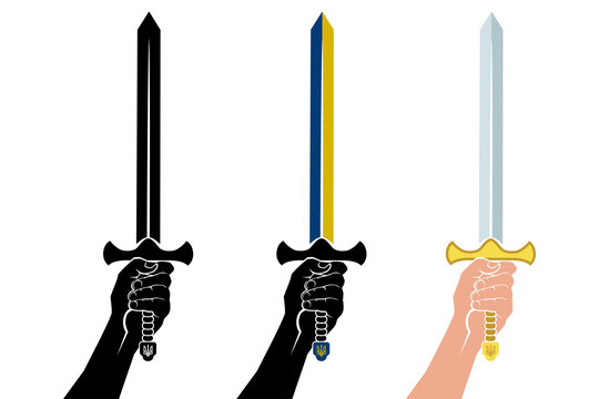 Raised hand holds the swords of different silhouette. The sword is painted in the colors of the flag of Ukraine. Realistic and black icon weapon. Logo illustration of freedom, revolution, protest.