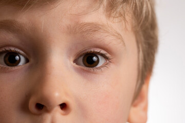 close-up of the boy's brown eyes and blond hair and eyebrows.