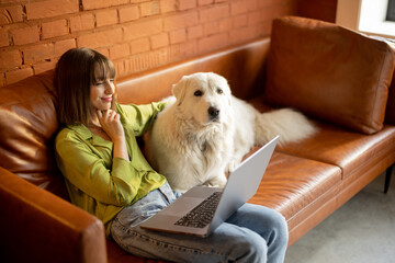 Young woman works on laptop computer while sitting with her cute white dog on a couch at home....