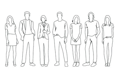 Vector silhouettes of  men and a women, a group of standing  business people,  linear sketch, black and white color isolated on white background