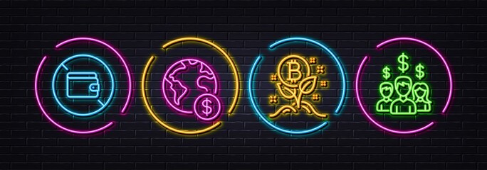 Global business, Bitcoin project and Wallet minimal line icons. Neon laser 3d lights. Salary employees icons. For web, application, printing. Vector