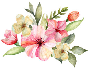 Watercolor floral arrangement of pink, peach and white flowers.