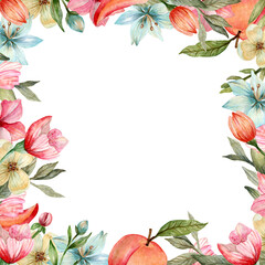 Fototapeta na wymiar Watercolor square frame of spring flowers. Delicate shades of flowers blue, pink, beige and peach, collected in a frame