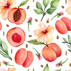 Seamless watercolor pattern. Apricot blossom. Pink flowers, apricot, apricot halves on a white background. Design for wrapping paper, fabric and other