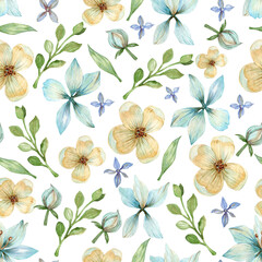 Spring seamless watercolor pattern with blue and white flowers isolated on white background. Design for wrapping paper, gifts and other