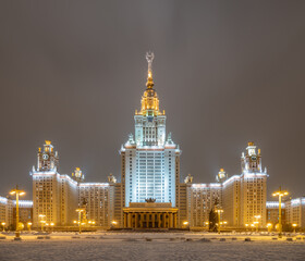 Fototapeta na wymiar The main building of Lomonosov Moscow State University at winter night. Moscow, Russia