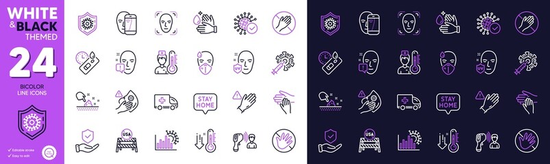 Insurance hand, Low thermometer and Usa close borders line icons for website, printing. Collection of Covid test, Volunteer, Coronavirus icons. Stay home, Do not touch. Bicolor outline icon. Vector
