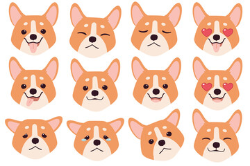 Set of Corgi dog emotions. Funny Smiling and angry, sad and delight dog. Face of dog cartoon emoji. Illustration about kawaii animal and pet in flat vector style.