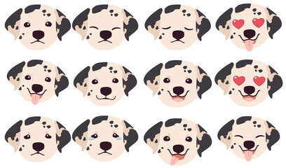 Set of Dalmatian dog emotions. Funny Smiling and angry, sad and delight dog. Face of dog cartoon emoji. Illustration about kawaii animal and pet in flat vector style.