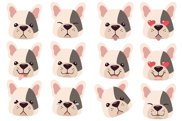 Set of french bull dog emotions. Funny Smiling and angry, sad and delight dog. Face of dog cartoon emoji. Illustration about kawaii animal and pet in flat vector style.