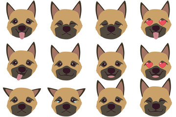 Set of German shepherd dog emotions. Funny Smiling and angry, sad and delight dog. Face of dog cartoon emoji. Illustration about kawaii animal and pet in flat vector style.