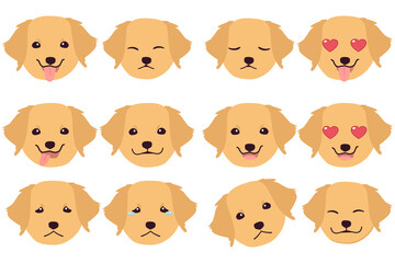Set of Golden retriever dog emotions. Funny Smiling and angry, sad and delight dog. Face of dog cartoon emoji. Illustration about kawaii animal and pet in flat vector style.