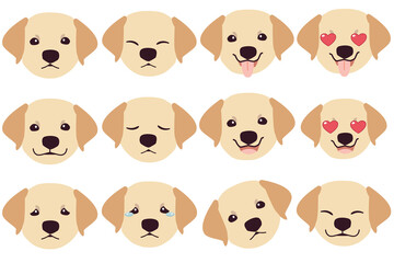 Set of Labrador retriever dog emotions. Funny Smiling and angry, sad and delight dog. Face of dog cartoon emoji. Illustration about kawaii animal and pet in flat vector style.