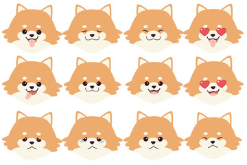 Set of Pomeranian dog emotions. Funny Smiling and angry, sad and delight dog. Face of dog cartoon emoji. Illustration about kawaii animal and pet in flat vector style.