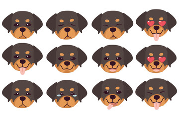 Set of Rottweiler dog emotions. Funny Smiling and angry, sad and delight dog. Face of dog cartoon emoji. Illustration about kawaii animal and pet in flat vector style.