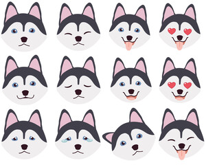 Set of Siberian husky dog emotions. Funny Smiling and angry, sad and delight dog. Face of dog cartoon emoji. Illustration about kawaii animal and pet in flat vector style.