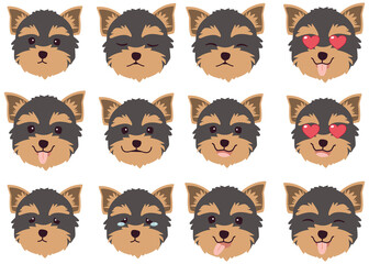 Set of Yorkshire terrier dog emotions. Funny Smiling and angry, sad and delight dog. Face of dog cartoon emoji. Illustration about kawaii animal and pet in flat vector style.
