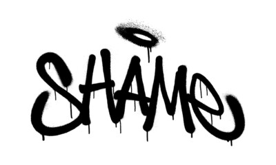 Sprayed shame font graffiti with overspray in black over white. Vector illustration.