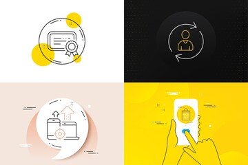 Minimal set of Person info, Seo devices and Certificate line icons. Phone screen, Quote banners. Shopping bag icons. For web development. Refresh user data, Mobile stats, Verified document. Vector