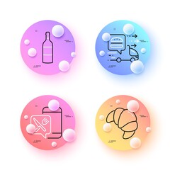 Food app, Wine bottle and Croissant minimal line icons. 3d spheres or balls buttons. Food delivery icons. For web, application, printing. Meal order, Cabernet sauvignon, Fresh bakery. Vector