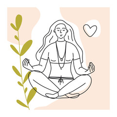 A set of vector illustrations in the style of line art. girls sit in the lotus position and meditate. Young women practice yoga and vipassana.