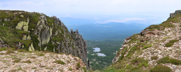 Scenic view of Snezne Jamy in Krkonose (Giant Mountains) with small glacial lakes in the distance, Czech Republic, Bohemian Region