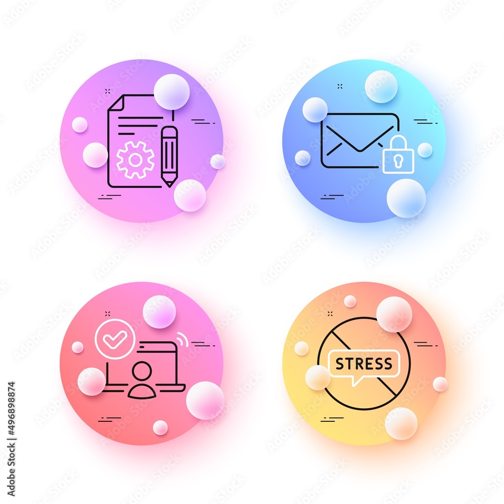 Poster secure mail, documentation and stop stress minimal line icons. 3d spheres or balls buttons. online a