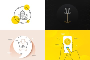 Minimal set of Shopping, Floor lamp and Apartment insurance line icons. Phone screen, Quote banners. Map icons. For web development. Add to cart, Stand lamp, Flat coverage. Journey road. Vector