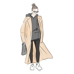 Fashion illustration of street fashion. A girl in a brown coat with sport style.
