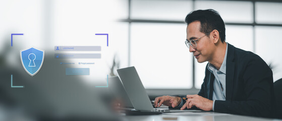 Businessman uses the computer to fill in the user name and log in to the virtual screen interface.