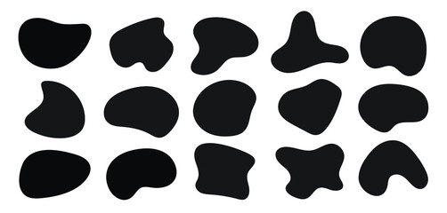 Abstract blotch, inkblot and pebble silhouettes,  elements water forms creative minimal bubble stone vector set. Random shapes. Organic black blobs of irregular shape. 