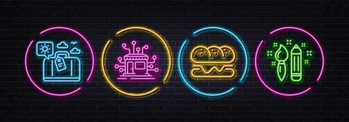 Distribution, Burger and Travel luggage minimal line icons. Neon laser 3d lights. Creativity icons. For web, application, printing. Warehouse network, Hamburger food, Trip bag. Graphic art. Vector