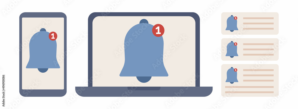 Poster notifications icon set. chat messages notification in smartphone app and laptop screen. ring bell as