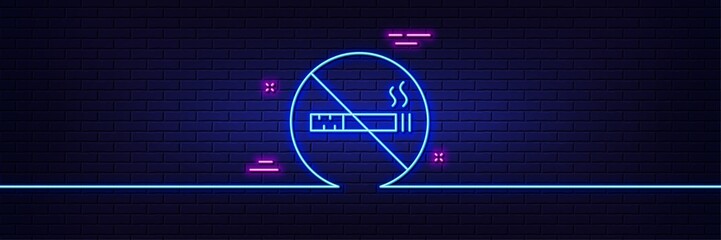 Neon light glow effect. No smoking line icon. Stop smoke sign. Hotel service symbol. 3d line neon glow icon. Brick wall banner. No smoking outline. Vector
