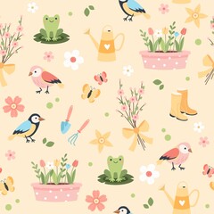 Spring flower pattern - tulips, birds and butterflies, gardening tools. Vector illustration in flat cartoon style
