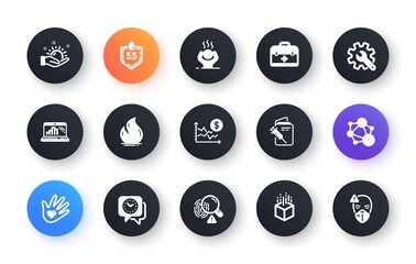 Minimal set of Integrity, Ph neutral and Vaccination passport flat icons for web development. Augmented reality, Customisation, Difficult stress icons. Social responsibility, Clock. Vector