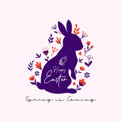 Fototapeta na wymiar Happy Easter vector illustration concept with flowers and rabbits ornament pattern design. Easter postcard graphic design in modern trendy color style.