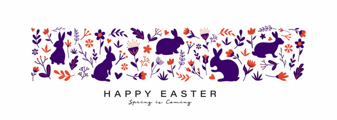 Happy Easter vector illustration concept for banner or background holiday event. Easter graphic design with flower, rabbit, bunny in modern trendy color style.