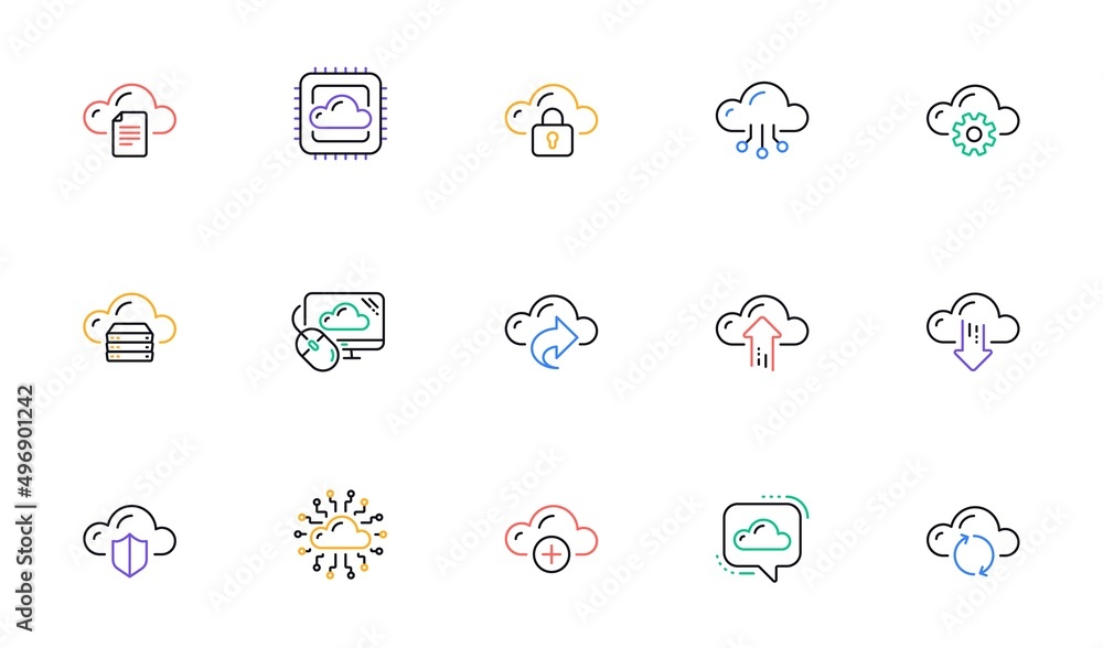 Poster cloud data and technology icons. hosting, computing data and file storage. computer sync linear icon